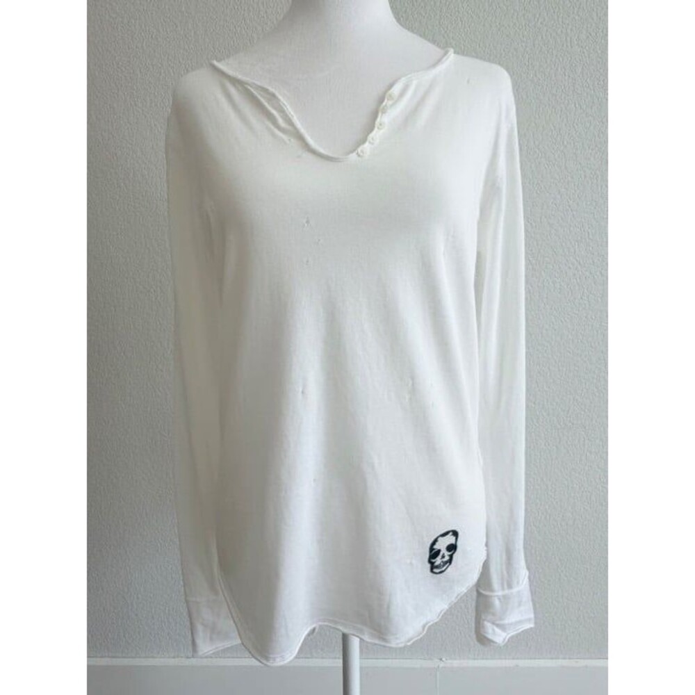 Zadig & Voltaire White Tunisien ML Holes Skull Henley Top Size Small NWT